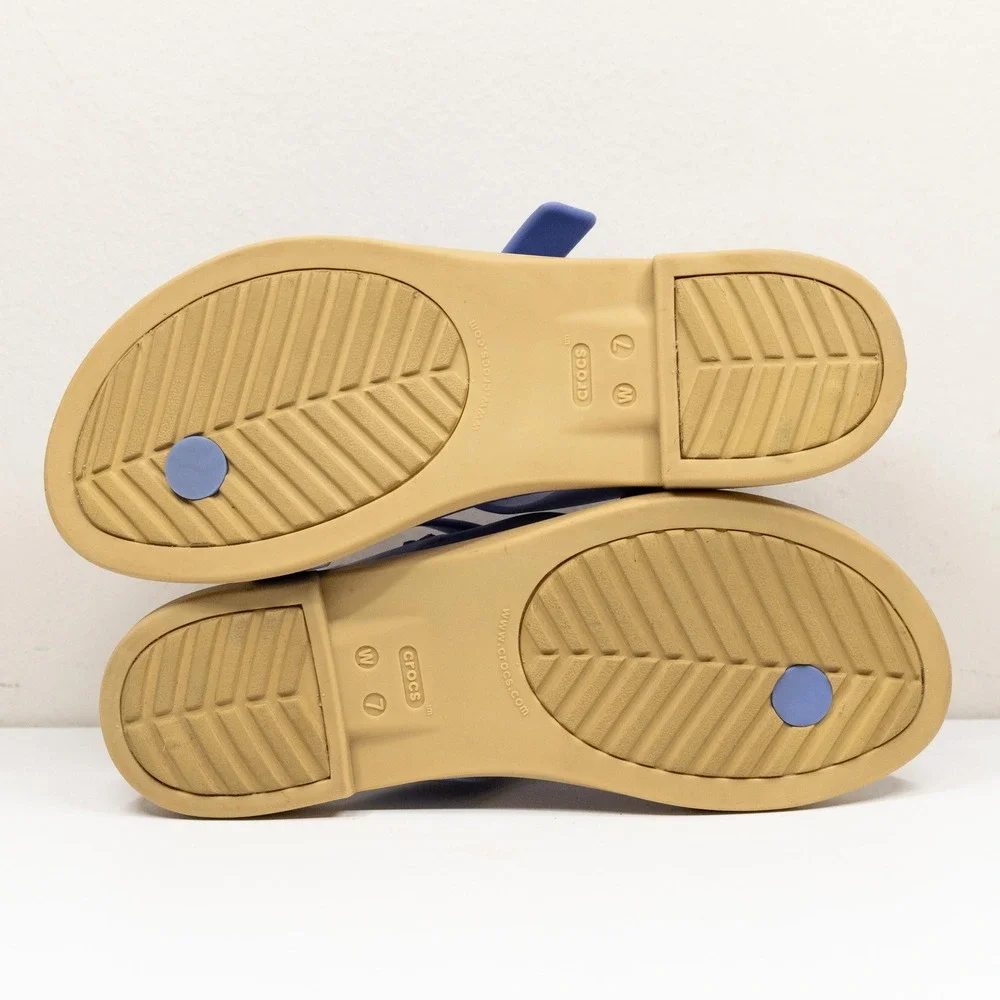 CROCS Tulum Toe Post Strappy Buckle Comfort Sandal Periwinkle Blue Tan Sz 7